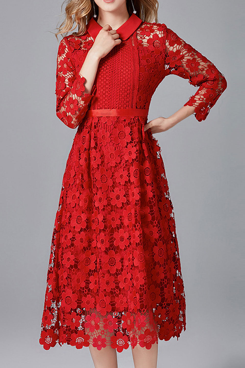 Women Pretty Lace Pattern Mid-Length Superb Solid Color Long Sleeve Collar Neck Comfortable Party Dress