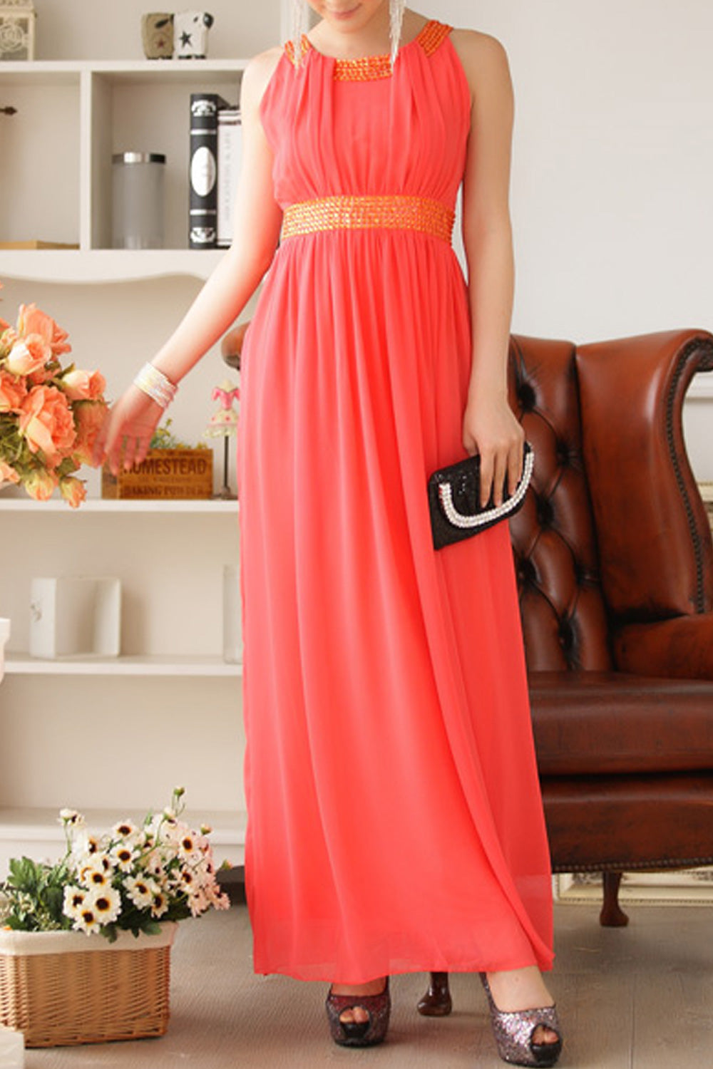 Women Round Beads Stitched Neck and Waist Style Prom Night Dress Purple