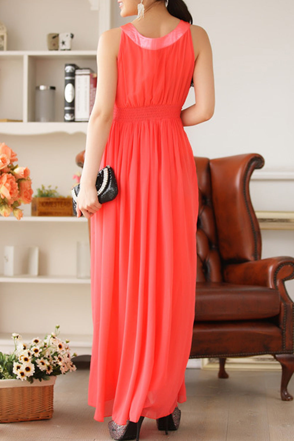 Women Round Beads Stitched Neck and Waist Style Prom Night Dress Purple
