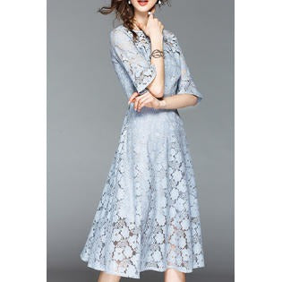 Women High Neck Bell Sleeve Lace Dress