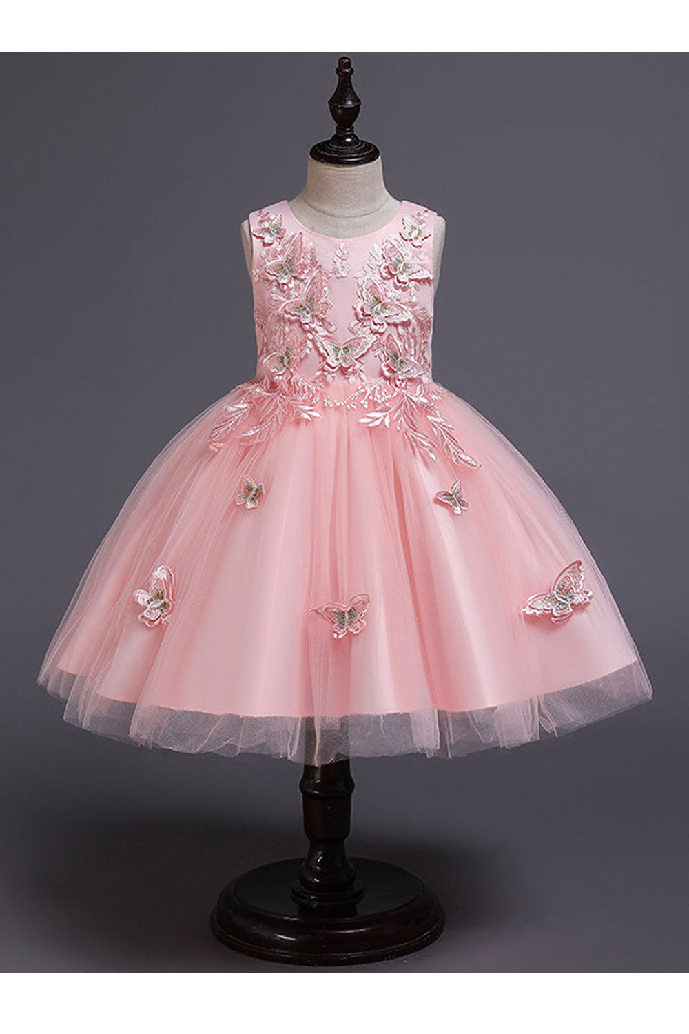 Kids Girls Summer Sleeveless Beautiful Butterfly Lace Decorated Ball Gown Easy Round Neck Wedding Dress