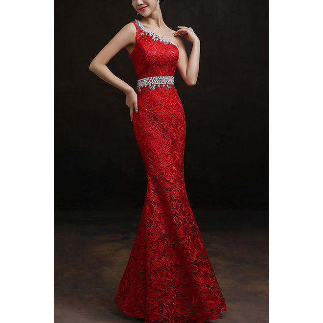 Women One Shoulder Slim Long Bride Toast Dress
