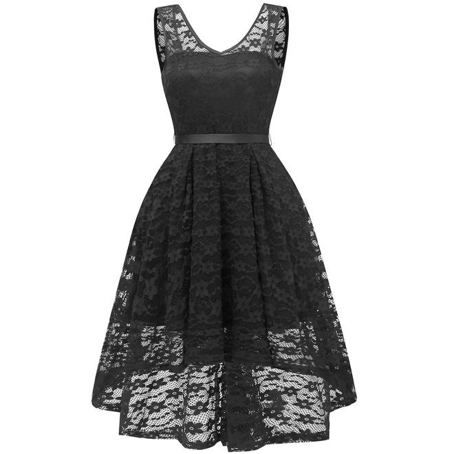 Women Sleeveless Styles Lace Shoulder Round Hem Dress