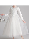 Kids Girls Pretty Flower Lace Pattern Long Sleeve Easy Round Neck Fluffy Mesh Comfortable Party Dress