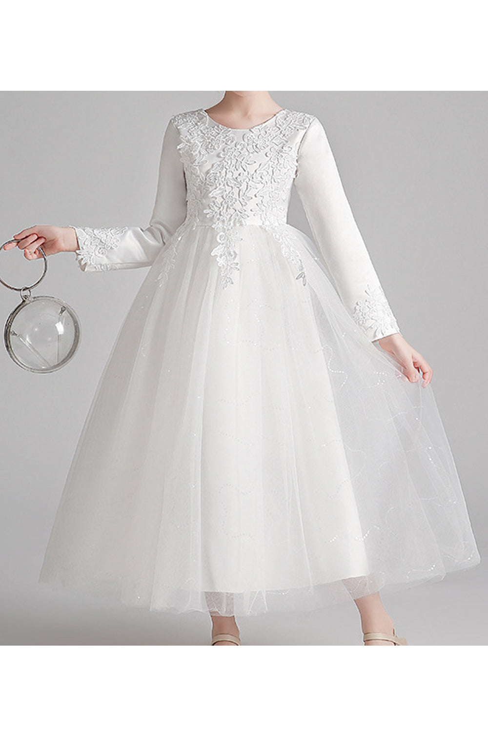 Kids Girls Pretty Flower Lace Pattern Long Sleeve Easy Round Neck Fluffy Mesh Comfortable Party Dress