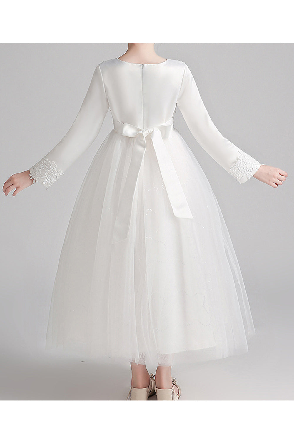 Kids Girls Pretty Flower Lace Pattern Long Sleeve Easy Round Neck Fluffy Mesh Comfortable Party Dress