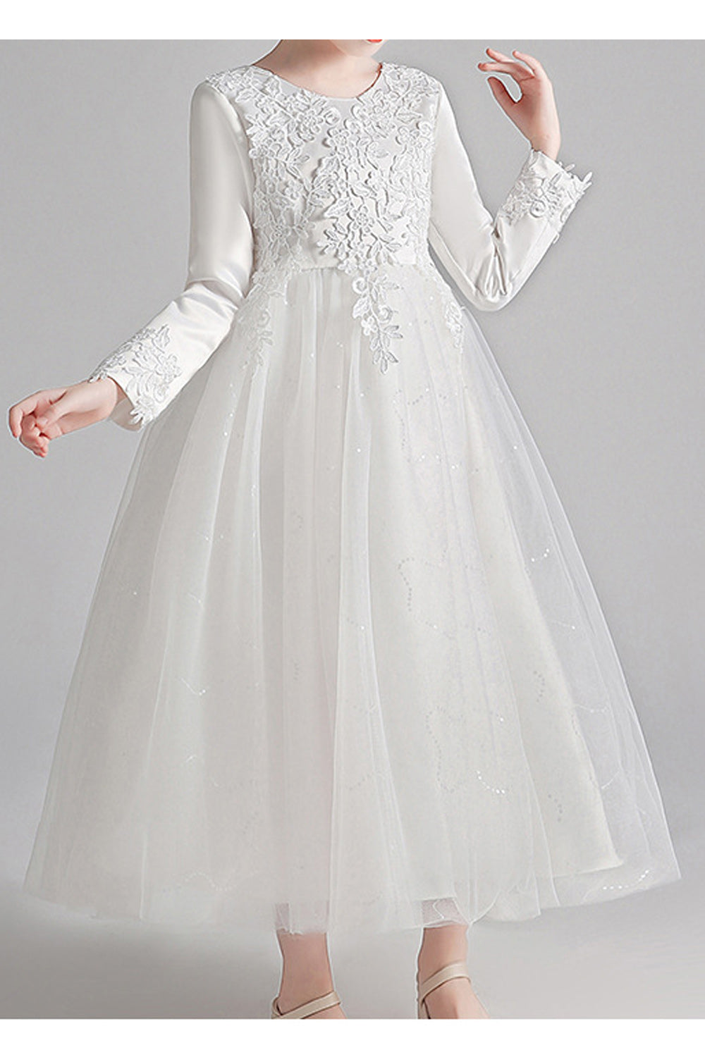 Kids Girls Pretty Flower Lace Pattern Long Sleeve Easy Round Neck Fluffy Mesh Comfortable Party Dress