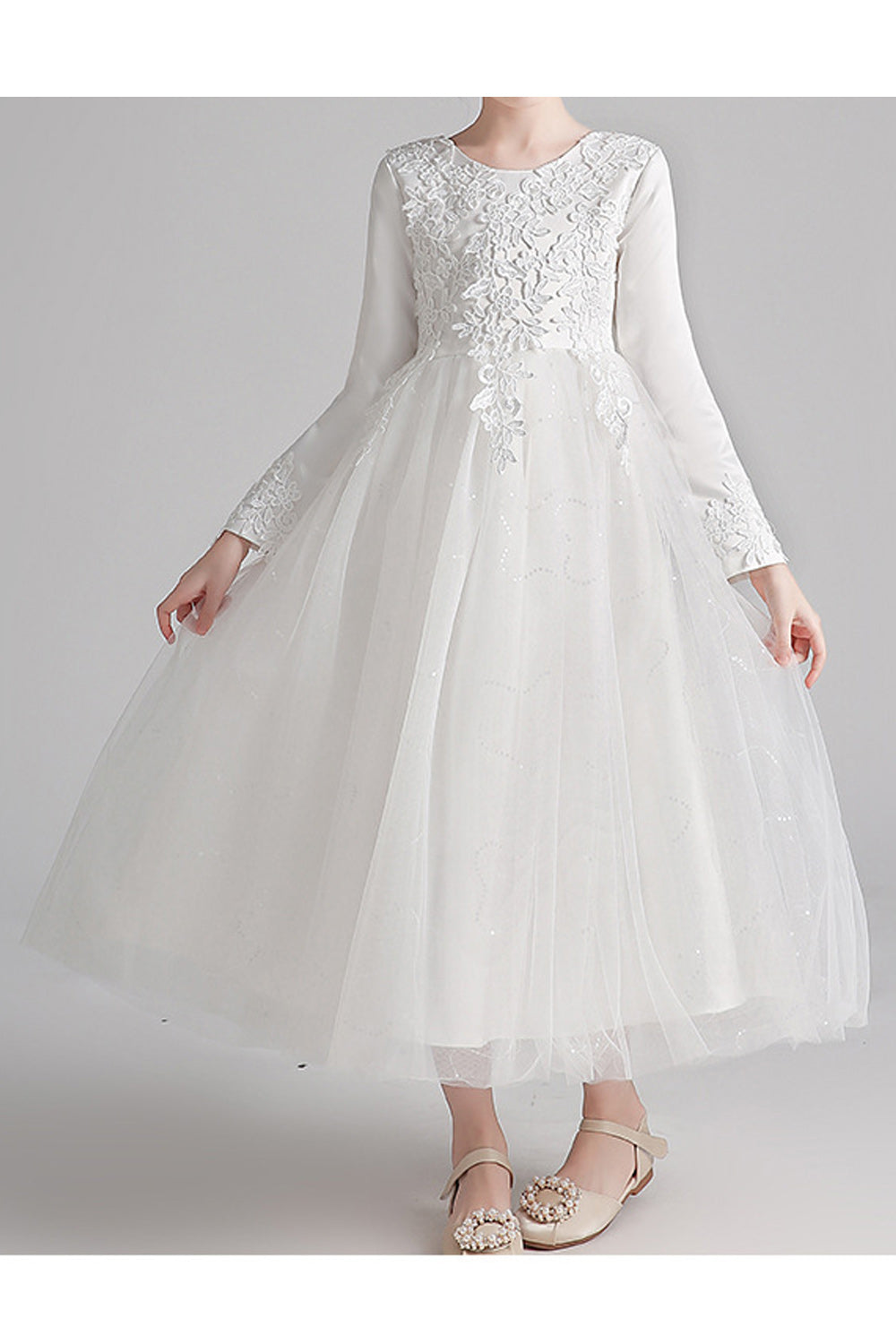 Kids Girls Pretty Flower Lace Pattern Long Sleeve Easy Round Neck Fluffy Mesh Comfortable Party Dress