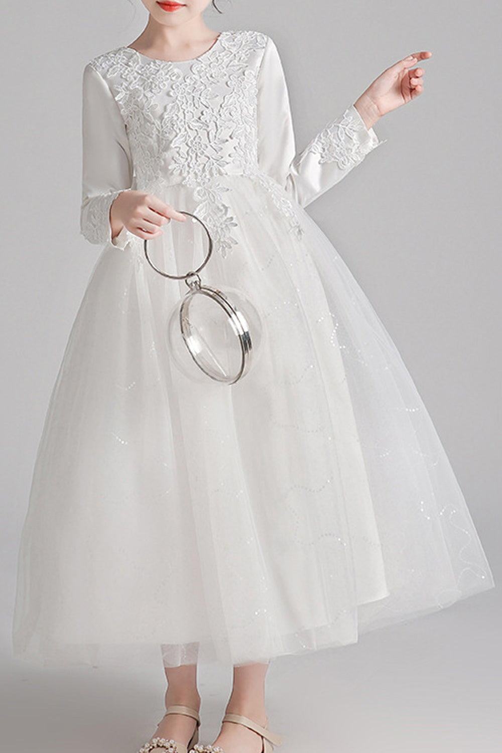 Kids Girls Pretty Flower Lace Pattern Long Sleeve Easy Round Neck Fluffy Mesh Comfortable Party Dress