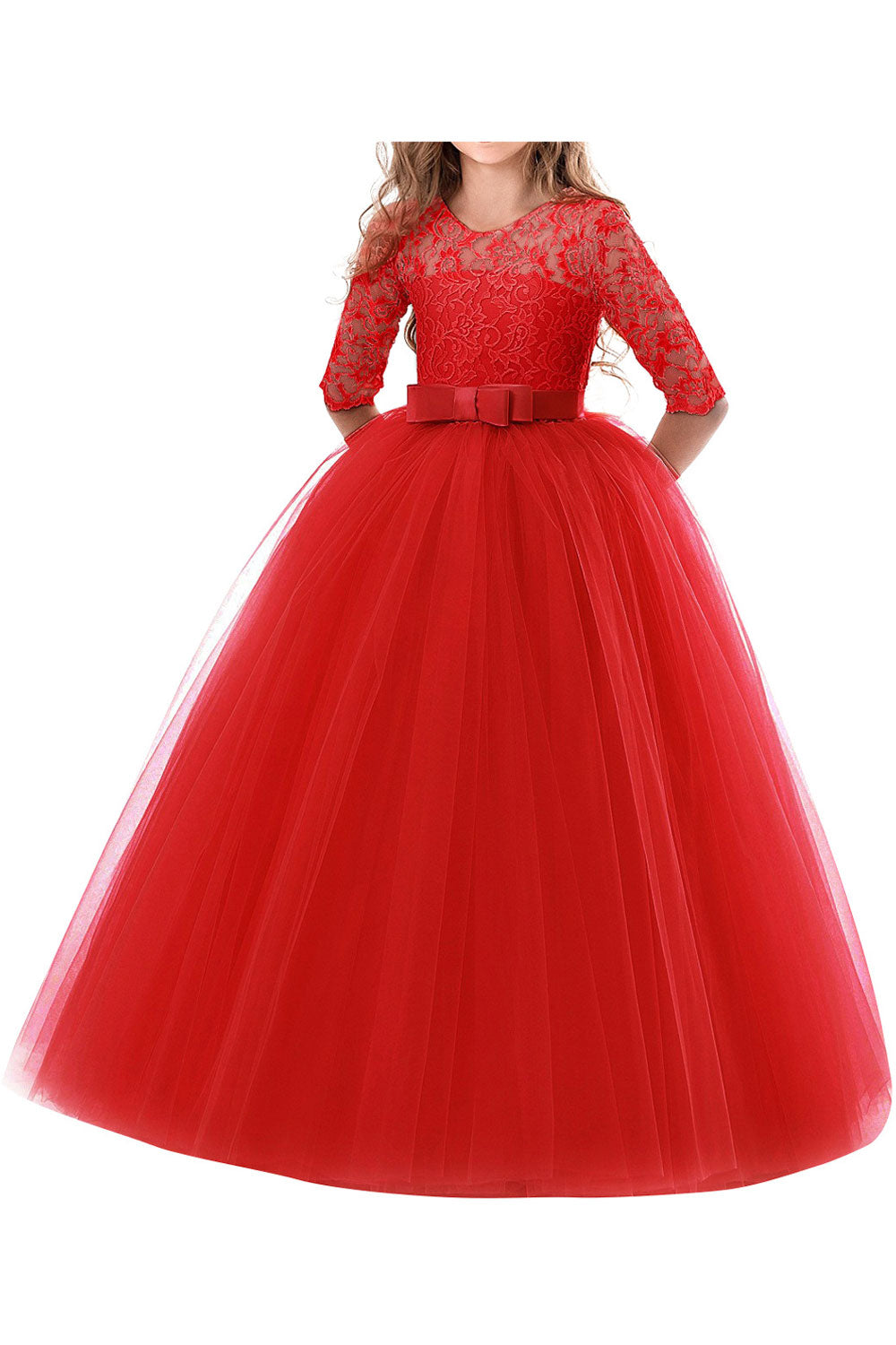 Kids Girls Silk Bow Ribbon Ball Gown Dress