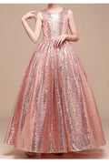 Kids Girls Stylish Sleeveless Sequins Decorated Long Length Shiny Princess Dress