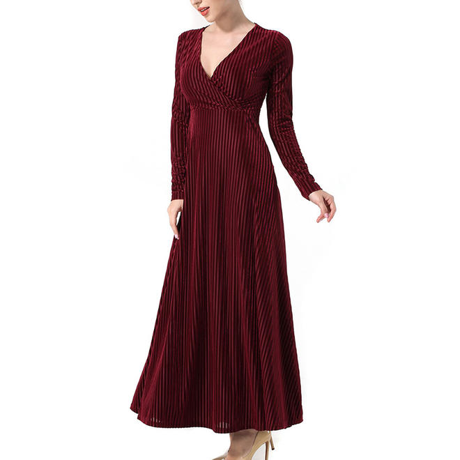 Women V-neck Wrap Bust Long Swing Dress