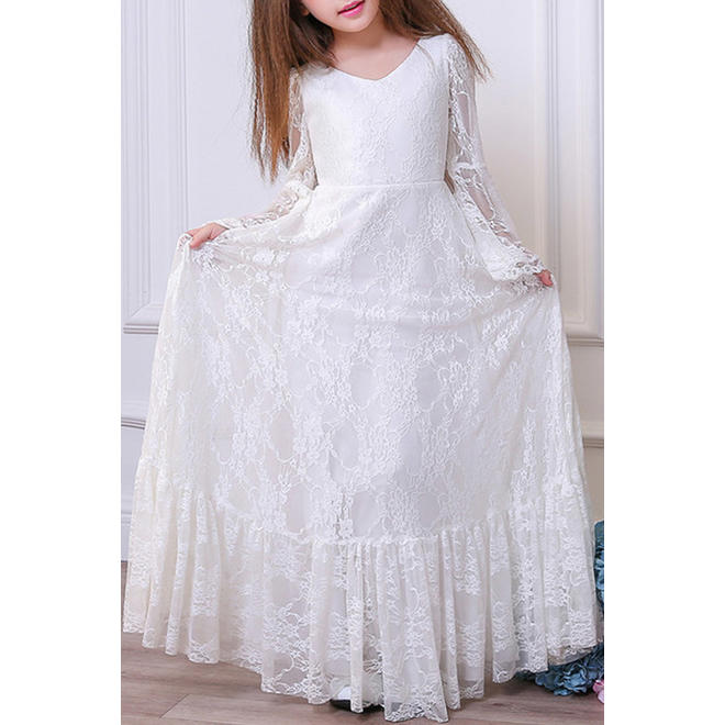 Kids Girls Trumpet Sleeve Flower Lace Dress