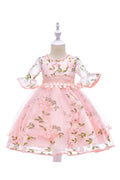 Kids Girls Short Sleeve Easy Round Neck Pretty Flowers Decoarted Stylish Party Dress