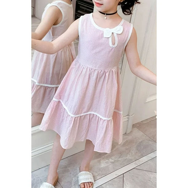 Kids Girls Round Neck Breathable Lightweight Solid Colored Dress