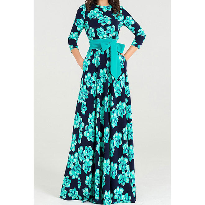 Women Long Length Soft Floral Printed Half Sleeve Ribbon Waist Dress