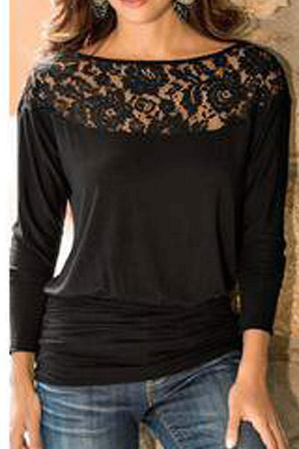 Women Flower Lace Round Trim Stitching Blouse Black