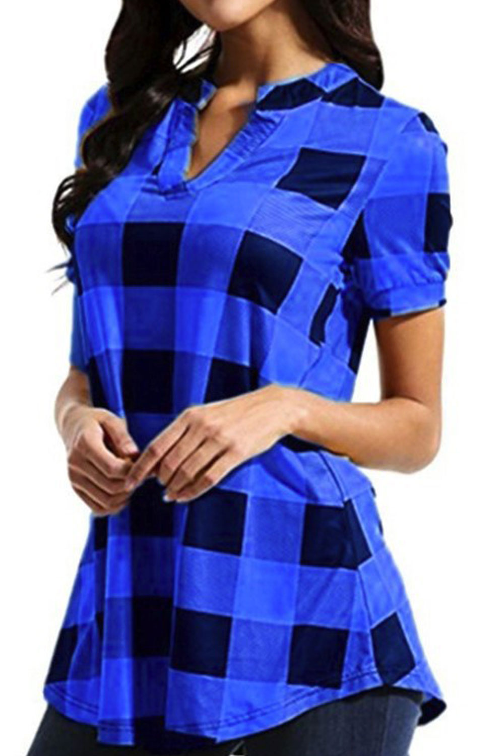 Women Short Sleeve Loose Fit Casual Plaid Shirt