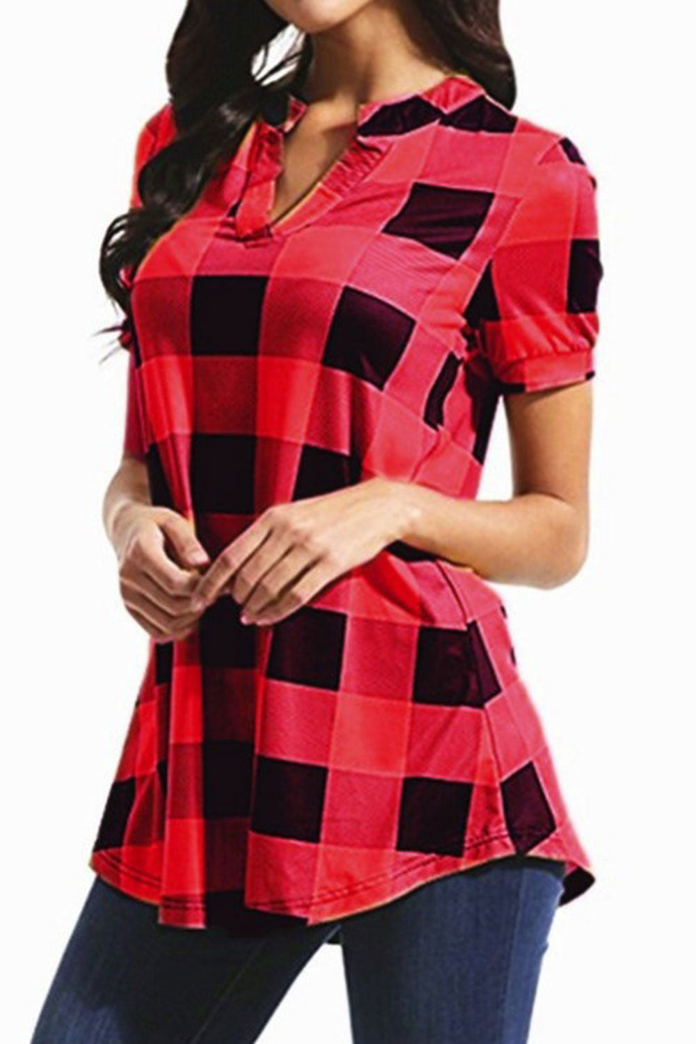 Women Short Sleeve Loose Fit Casual Plaid Shirt
