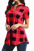 Women Short Sleeve Loose Fit Casual Plaid Shirt
