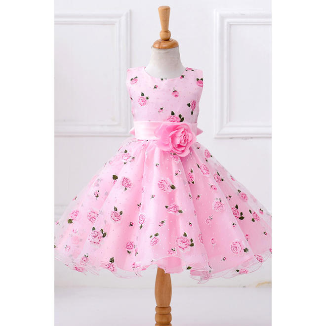 Kids Girls Flower Decorated Waist Floral Printed Sleeveless A-Line Skirt Dress