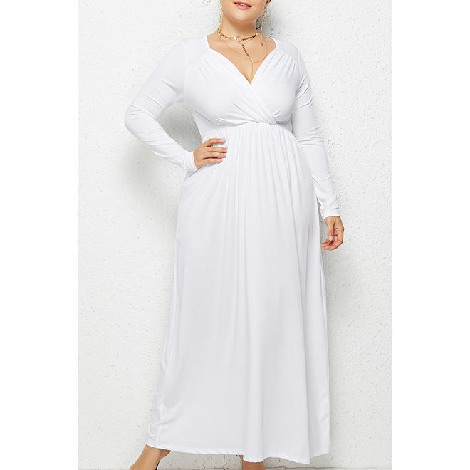 Women Plus Tremendous V-Neck Solid Colored Long Length Smooth Breathable Fashion Dress