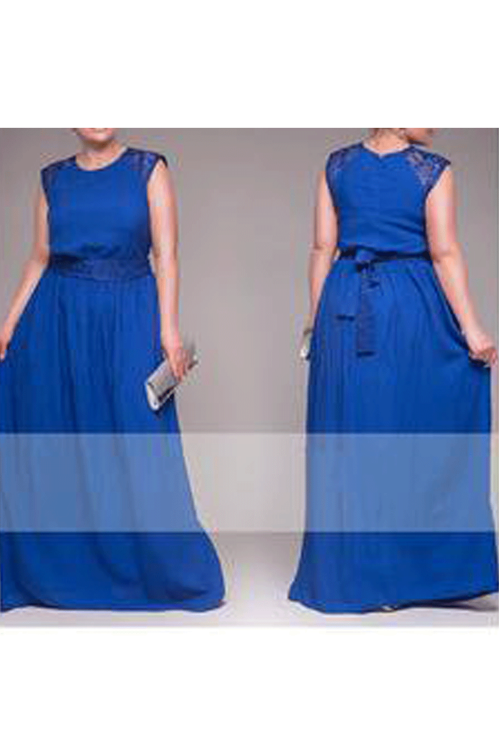 Women Lace Shoulders Sleeveless Long Plus Size Gown Blue