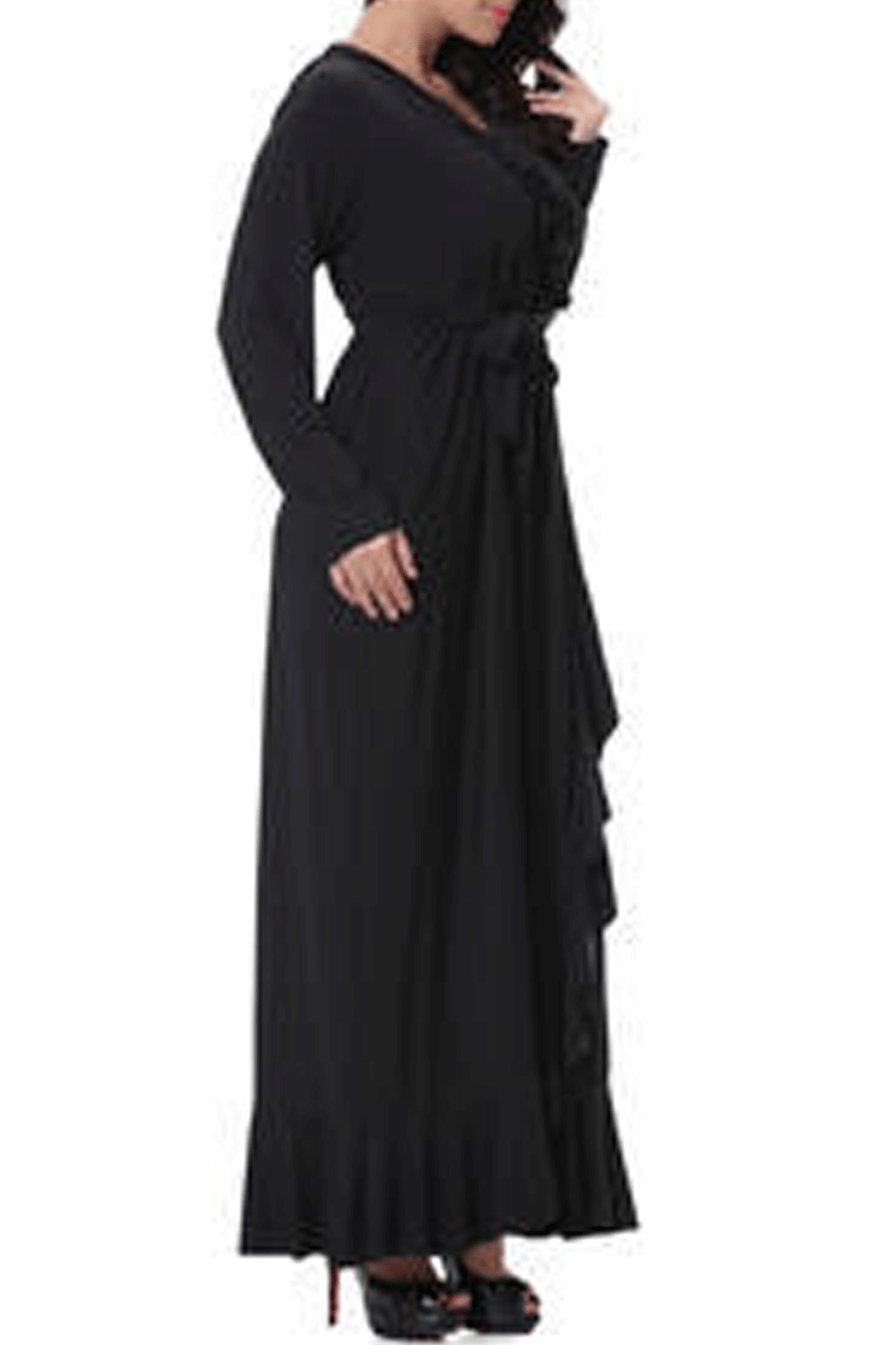 WOMEN PLUS SIZE V-NECK LONG SLIT GOWN MAXI DRESS BLACK