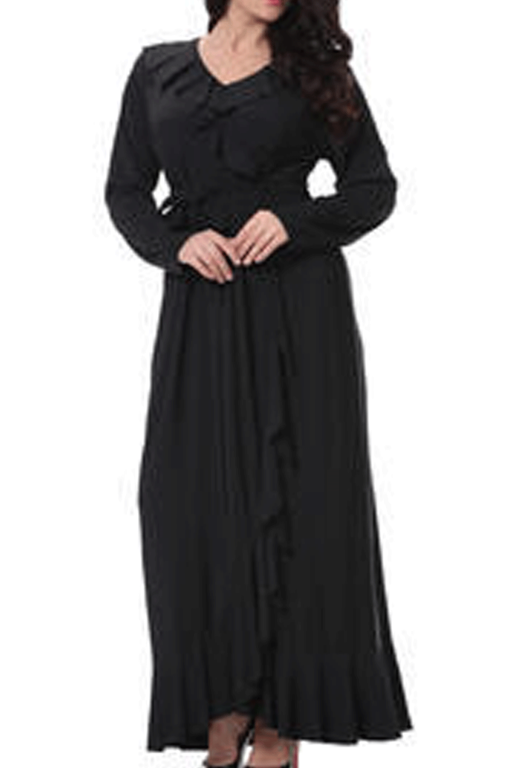 WOMEN PLUS SIZE V-NECK LONG SLIT GOWN MAXI DRESS BLACK
