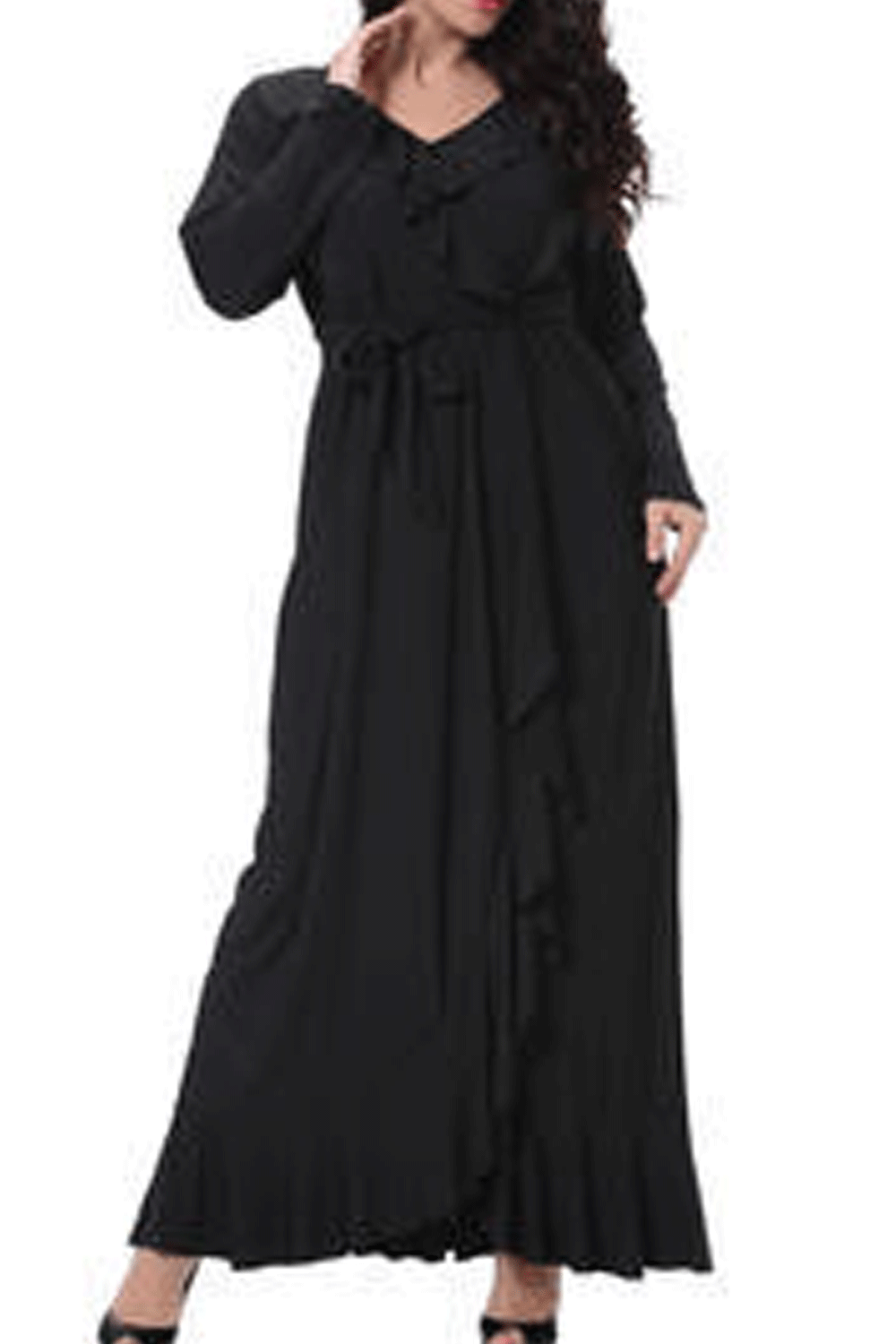 WOMEN PLUS SIZE V-NECK LONG SLIT GOWN MAXI DRESS BLACK