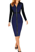 Women Long Sleeves Collar Shirt Long-Zipper Bodycon Winter Dress Navy Blue