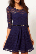 Women’s Skirt Style Round Neck Lace Dress With Belt Navy Blue