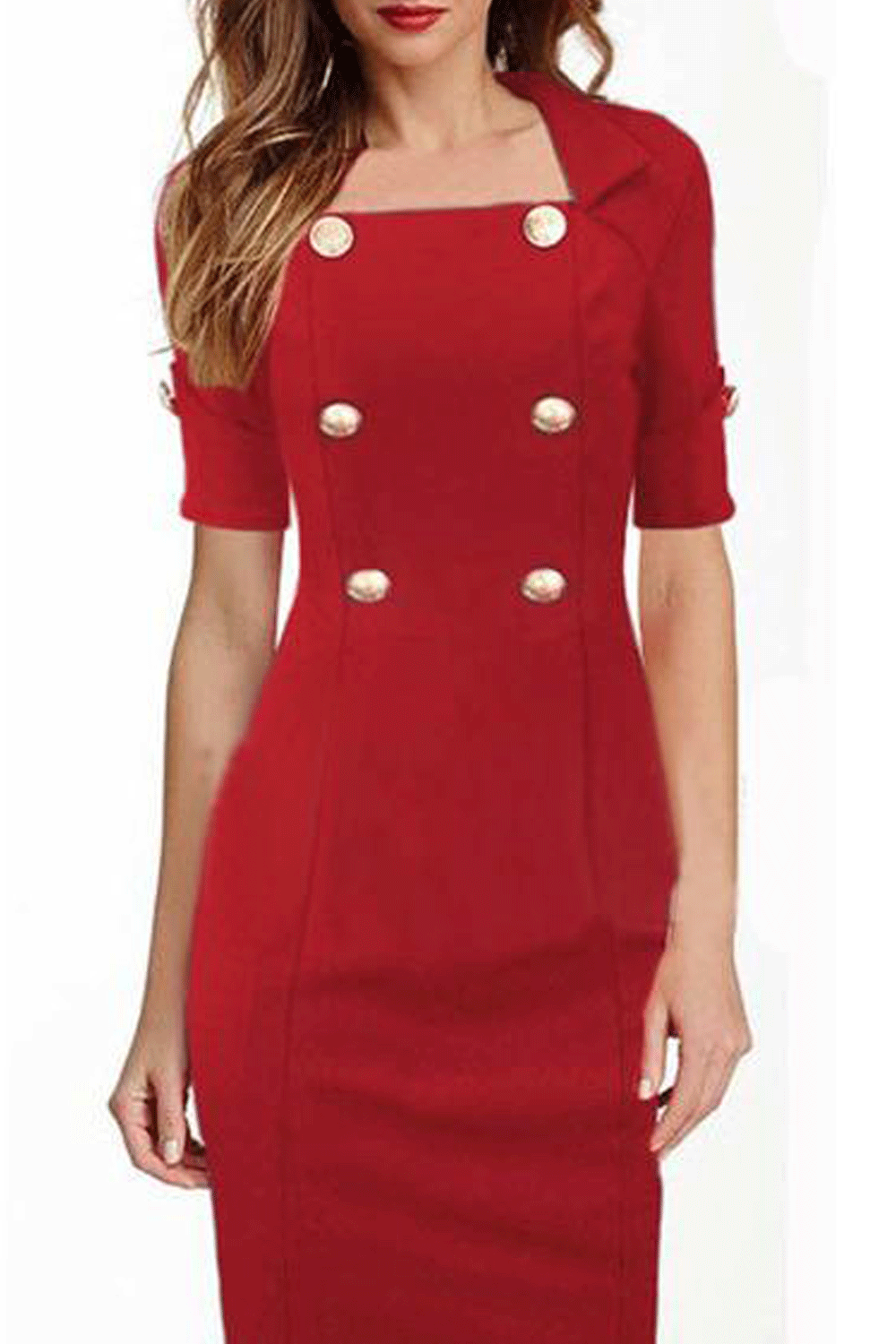 Women Half Sleeves Decorated Buttons Pencil Style Dress
