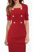 Women Half Sleeves Decorated Buttons Pencil Style Dress