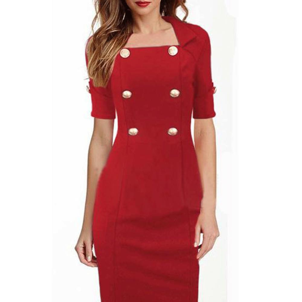 Women Half Sleeve Button Detail Pencil Dress
