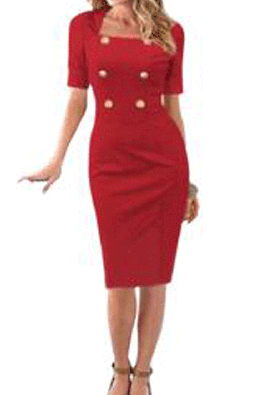 Women Half Sleeves Decorated Buttons Pencil Style Dress
