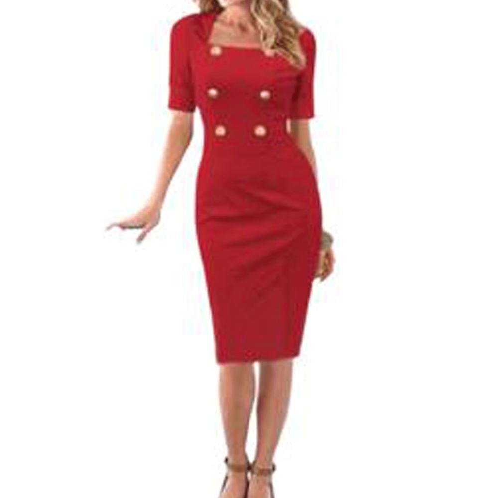 Women Half Sleeve Button Detail Pencil Dress