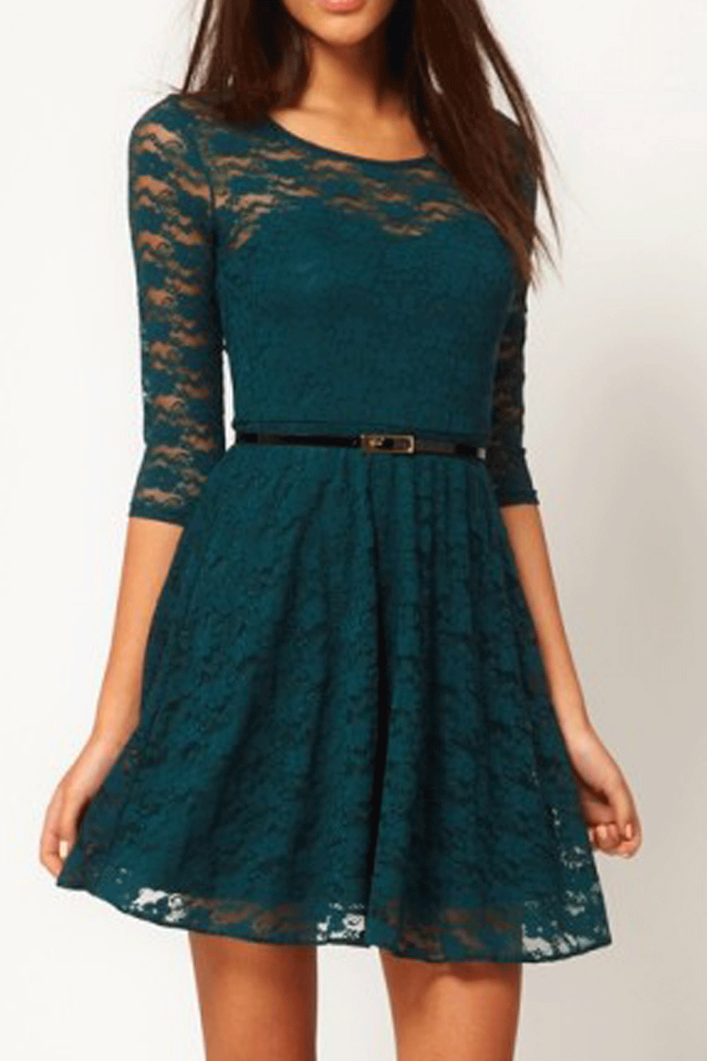 Women's Skirt Style Round Neck Lace Green Dress with Belt