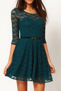 Women's Skirt Style Round Neck Lace Green Dress with Belt