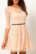 Women's Skirt Style Round Neck Lace Off White Dress with Belt