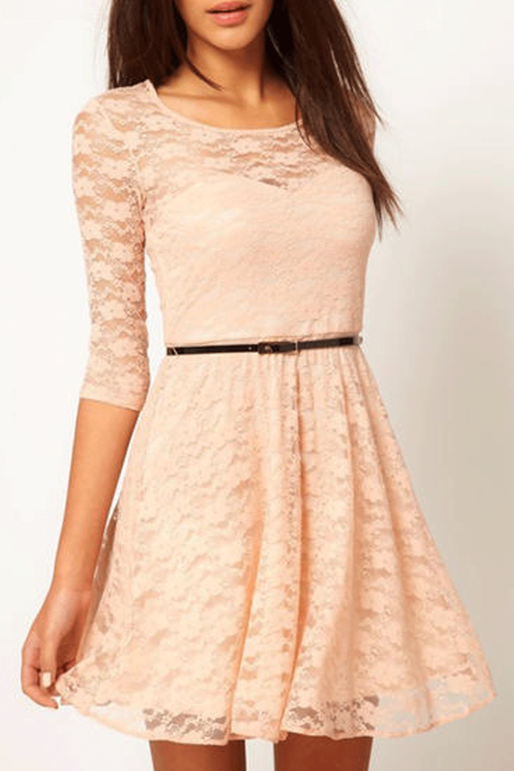 Women's Skirt Style Round Neck Lace Off White Dress with Belt