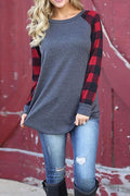 Peters Women Round Neck Long Plaid Sleeve Casual Top