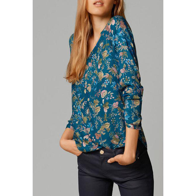 Women's Long Sleeves Cotton V-Neck Printed Shirt Green