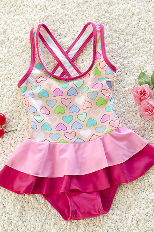 Baby Girls Cross Strap Neck Heart Printed One Piece Swimsuit