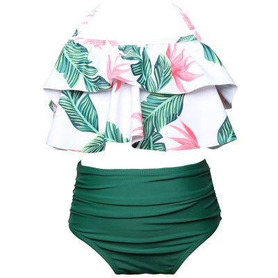 Kids Girls Trendy Leaf Printed High Waist Comfortable Swimwear Set