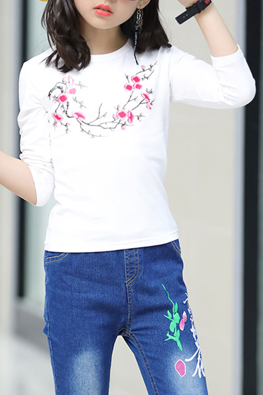 Kid Girl Beautiful Floral Printed Round Neck Long Sleeve Kind T-shirt