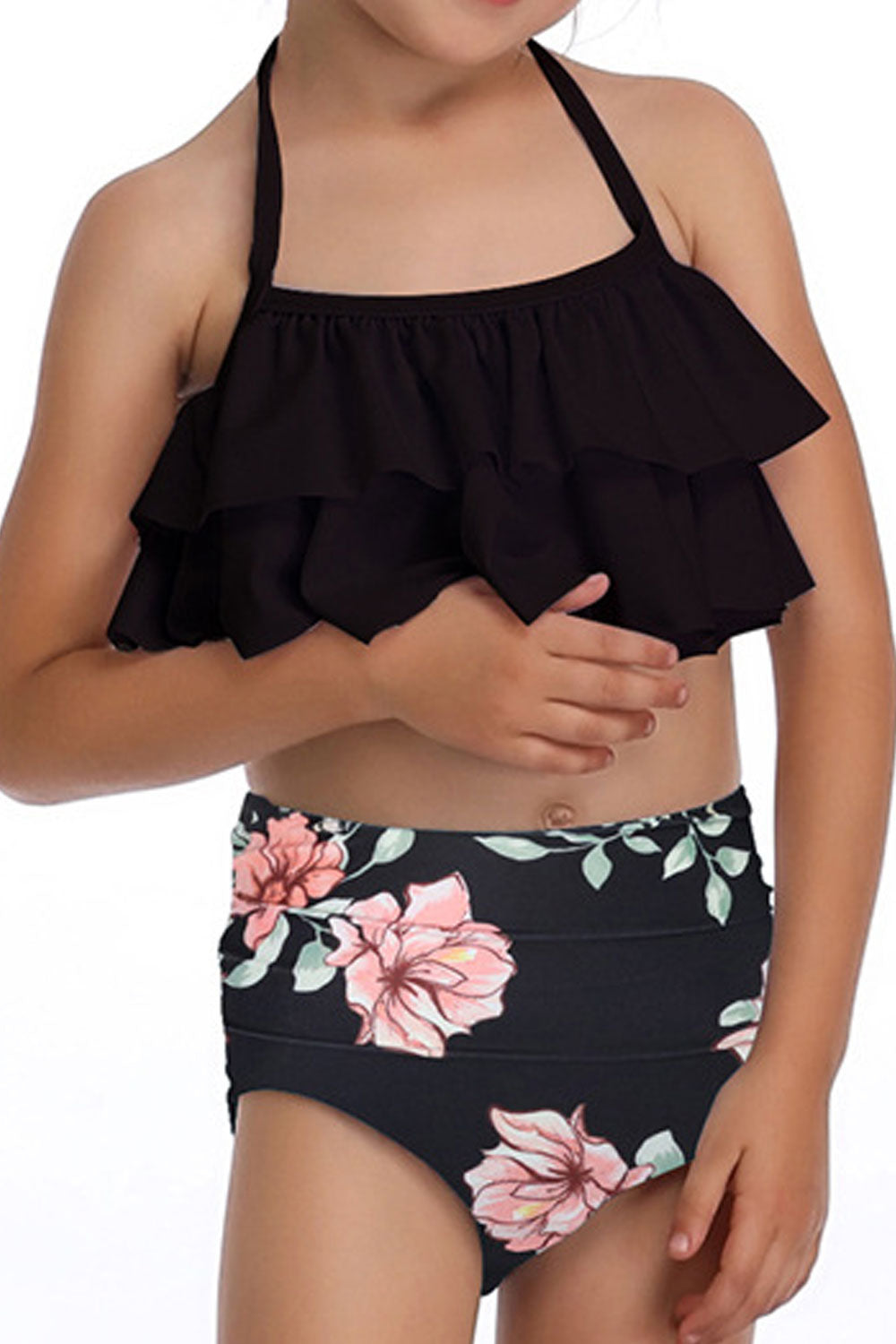 Kids Girls Halter Floral Printed Elegant Two Piece Swimwear