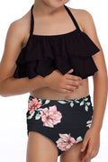 Kids Girls Halter Floral Printed Elegant Two Piece Swimwear