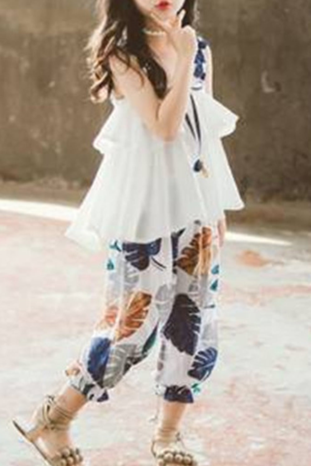Kids Girls Cute Ruffled Strap Neck Top Floral Printed Pant Two Piece Outfit