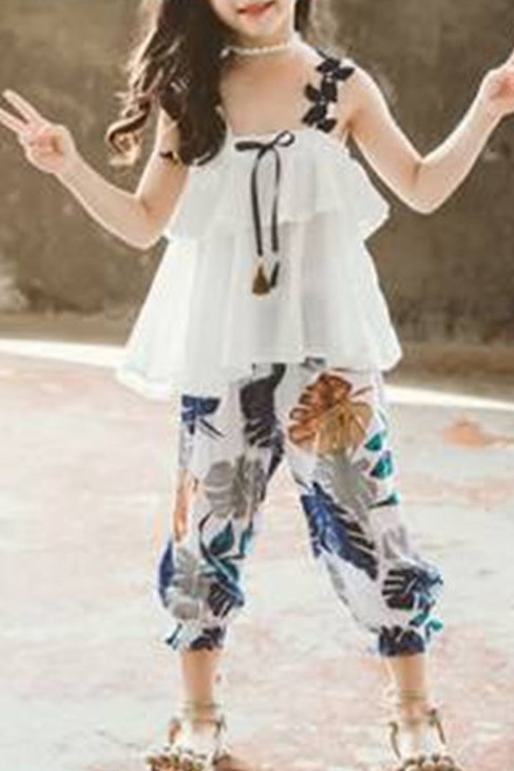 Kids Girls Cute Ruffled Strap Neck Top Floral Printed Pant Two Piece Outfit
